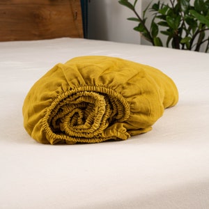 Fitted Linen Sheet in Mustard, Stonewashed Linen Bedding, Double, Queen, King, Costum Size Fitted Bed Sheet,  Soft Linen Bed Sheet