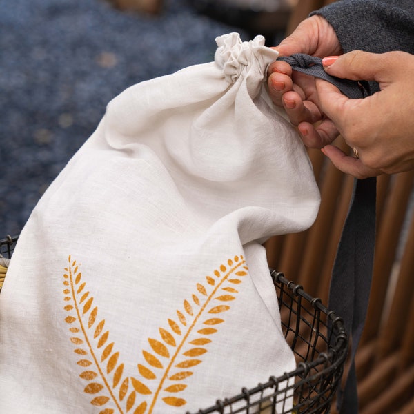 Linen Food Storage Bag Woodblock Print,  Linen Food Bag, Bread Keeper With Drawstring, Natural  Linen Reusable Bread Bag, Gift For Home.