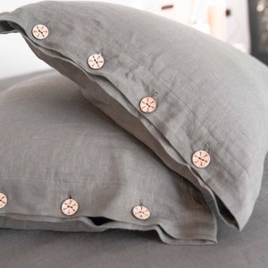 Linen Pillowcase in Gray. Soft Linen Pillow case With Wooden Buttons. Handmade Soft Linen Pillowcase King, Queen Size & Custom Size.