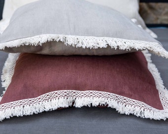 Stonewashed Linen Pillowcase with Fringe, Custom Size Decorative Cushion Cover