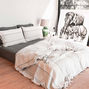 Linen Duvet Cover Striped Blue Oatmeal, Twin, King, Queen, Custom Size, Soft Bedding, Stonewashed Linen Quilt Cover. Gift For Home.