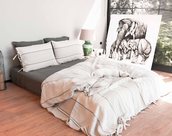 Striped Linen Duvet Cover, Blue Oatmeal, Stonewashed Soft Bedding