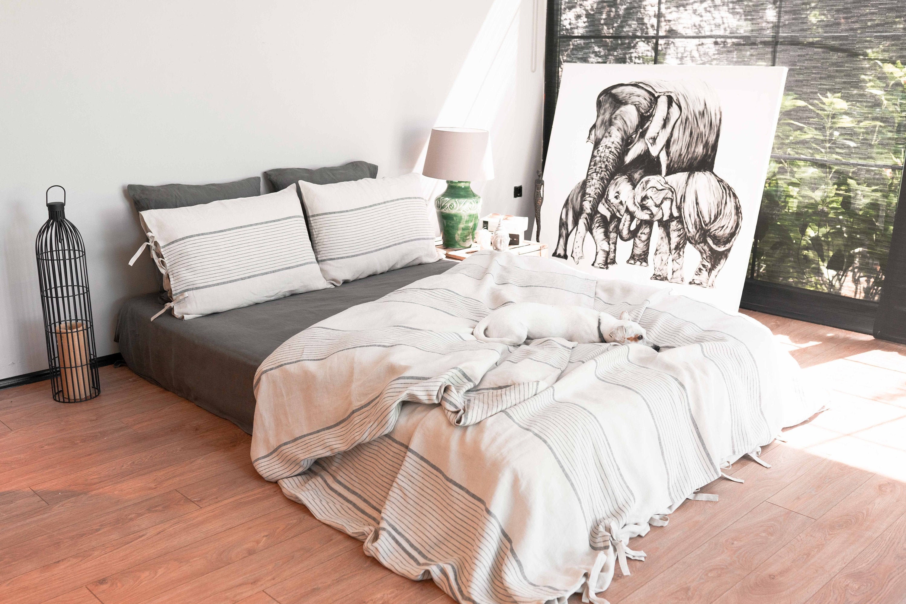 Linen Duvet Cover Striped Blue Oatmeal Twin King Queen Etsy