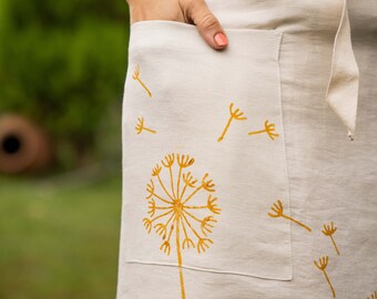 Linen  Apron, Half Pinafore, Washed Linen Unisex Cafe Apron, Handmade  Woodprint Cafe Apron , Short Gardener Apron, Gift For Men, Women.