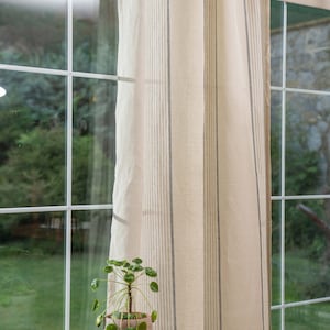 Tab Top Curtain Panel, Linen Semi Seer Curtain, Oatmeal & Blue Striped Curtain, Custom Size Rod Pocket Drapes for Window or Door.