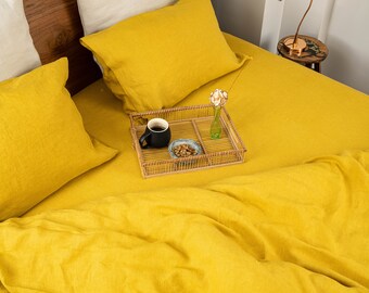 Bettwäsche Set in Senfgelb, natürliche Leinenbettwäsche, Königin, König, Quilt Cover Set in benutzerdefinierter Größe, weicher Leinen Bettbezug