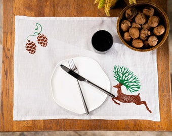 Christmas Linen Placemats Set of 2,  Deer Handprinted Placemats for Xmas,  Woodprint Placemats, Holiday Table Decor. Gift For Home