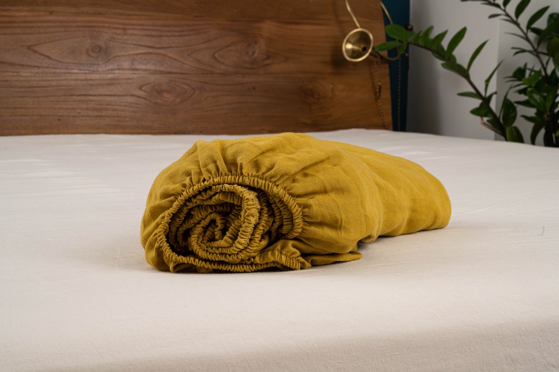 Fitted Linen Sheet in Mustard Stonewashed Linen Bedding Etsy