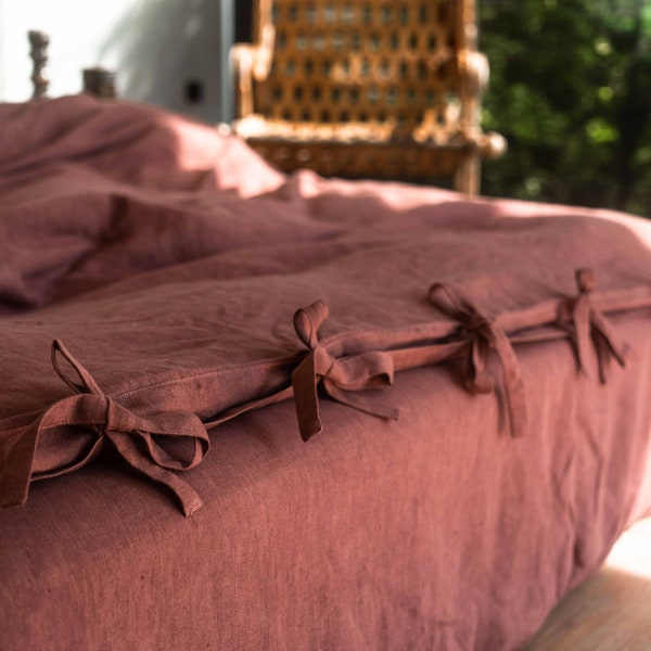 Clay Color Soft Linen Bedding Set, Duvet Cover With Ties, Queen Size Quilt Cover, Soft Bedclothes, Natural Linen Duvet Cover Set