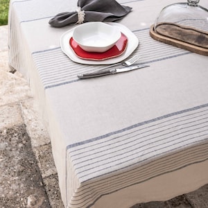 Oatmeal Striped in Naturel Linen Tablecloth.Washed Soft Linen Tablecloth. Stonewashed Linen Custom Size Tablecloth.
