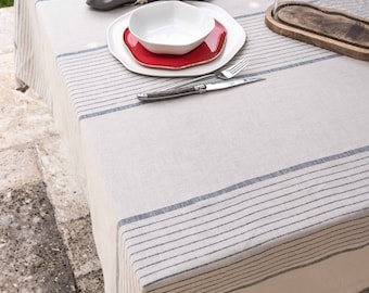 Oatmeal Striped Linen Tablecloth, Soft Stonewashed Linen, Custom Size