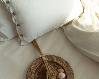 Handmade Oatmeal Linen Pillowcase with Wooden Buttons, Stone Washed