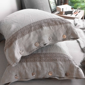Linen Gray Pillowcase Lacey,  Pearl buttons, Crochet Stone washed, Handmade, Queen, King, Custom Size Pillow case, Decorative Pillowcases.