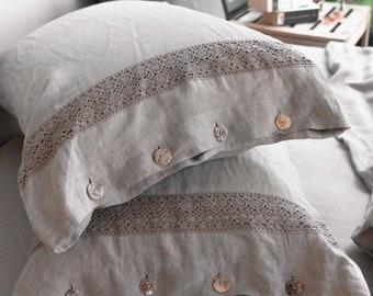 Linen Gray Pillowcase Lacey,  Pearl buttons, Crochet Stone washed, Handmade, Queen, King, Custom Size Pillow case, Decorative Pillowcases.