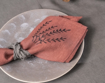 Linen Napkin Set of 2, Handmade Woodblock Kitchen Napkin, Soft Table Linen, Natural Table Decor