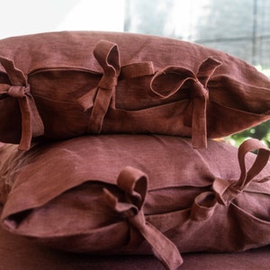 Linen Pillowcase with ties. Clay color linen pillow case. Stonewashed Linen Pillowcases.King, queen , custom size, handmade linen pillowcase