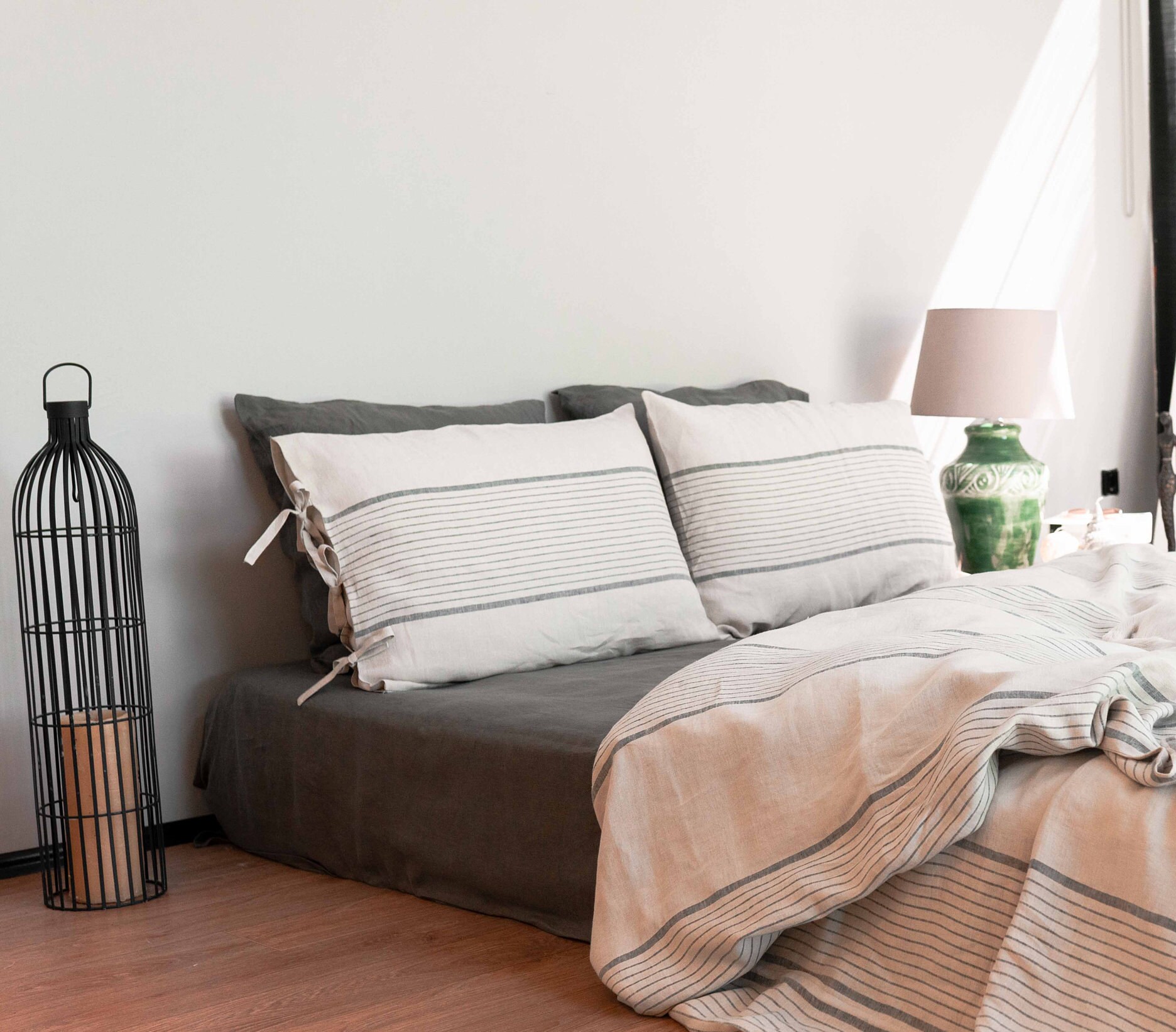 Linen Oatmeal Blue Striped Pillowcase With Ties. Stone Etsy