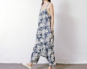 blue flowers pattern cotton linen dress cotton linen pants