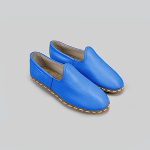 MEN Leather Yemeni Shoes, Blue Handmade Comfortable Loafer with Zero Drop, Turkish Traditional Genuine Swear Shoes, HandmadeTurkishShoes