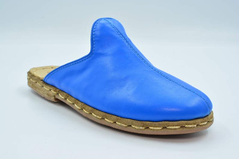 Leather Handmade Slipper Unisex Blue Color Leather Handmade Slipper Gift For Women Gift For Men