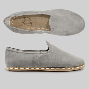 Nubuck Light Grey Women Yemeni Shoes, Handmade Comfortable Loafer with Zero Drop, Halloween Gifts