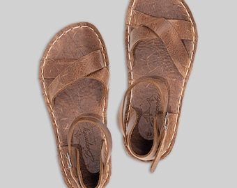 Light Tan Leather Barefoot Sandals: Beach Travel Wide Toe