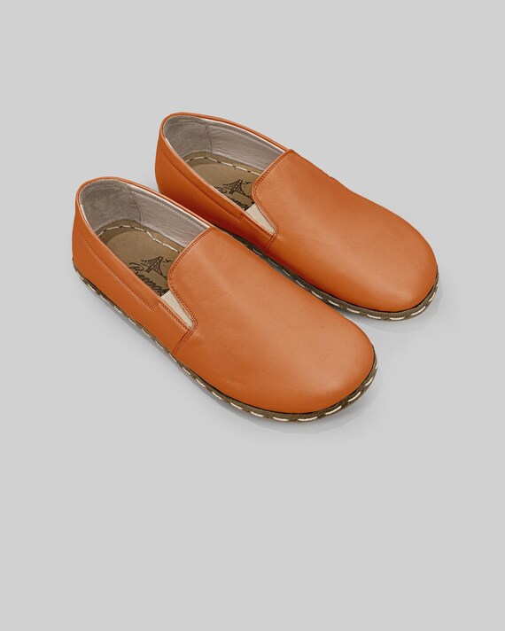 Leather Orange Loafers Custom Made Handmade Wider, Wide Toe Box
