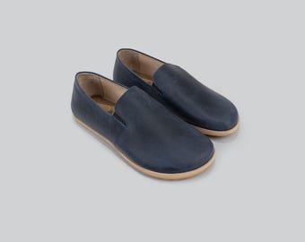 Women’s Leather Barefoot Shoes, Wide Toe Box, Navy (Zero Drop, Handmade)