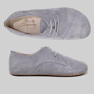 Suede Gray Smooth Handmade Women Oxford Barefoot Shoes, Slip-on, Wider Sneakers with Tie, Zero Drop