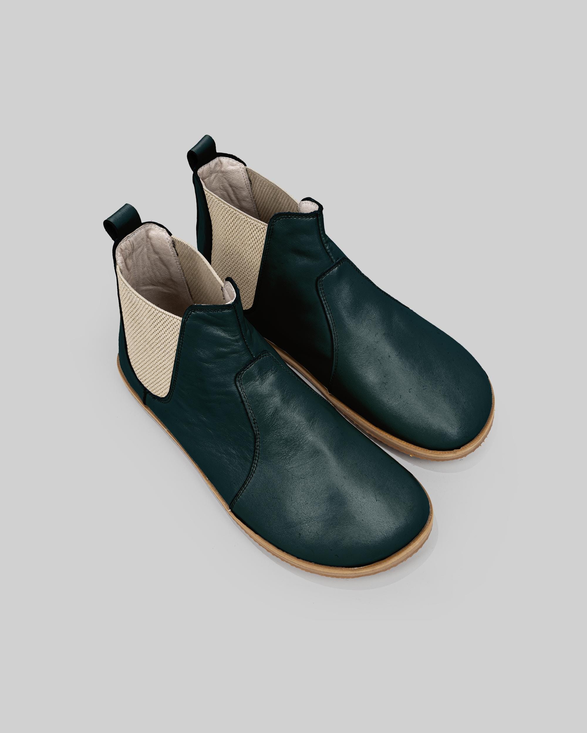 Women Dark Green Barefoot Boots, Leather Chelsea Minimalist Shoes, Wide Toe Box, Gift