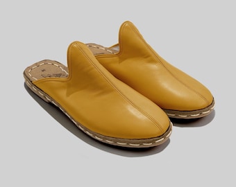 Women Mustard Yellow Leather House Slippers: Cozy Indoor Wool Lined, Wide Toe