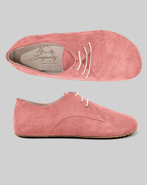 Pink Handmade Women Suede Oxford Barefoot Shoes, Wider Sneakers
