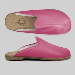 Leather Fuchsia Comfortable Women Barefoot Shearling Slipper, Custom Made Handmade Shoes Yemeni