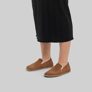 TAN Nubuck Barefoot Shoes, Women Leather Sole Slip-on, Handmade Custom Made Wider Loafers, Wide toe Box Sneakers