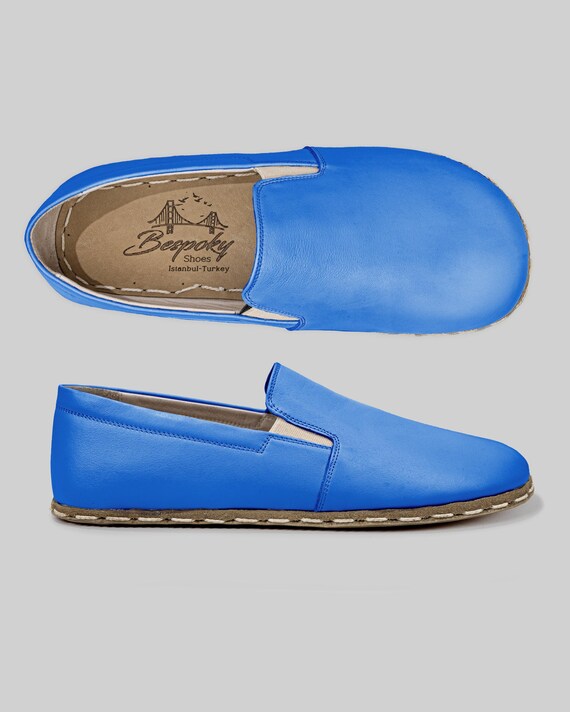 Faulenzer Handmade Custom Breiter Leder Blau, Frauen Barfuß Schuhe