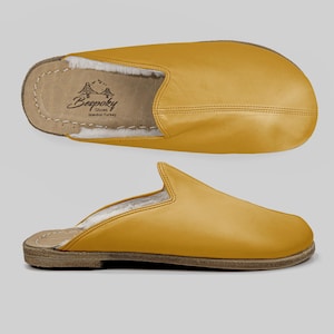 Leather Mustard Comfortable Women Barefoot Shearling Slipper, Custom Made Handmade Shoes Yemeni