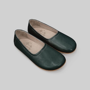 Women GREEN Handmade Leather Loafers, Flat Ballet Barefoot Zero Drop Leather Ballerinas, Barefoot Shoe Women, Minimalistic Shoes