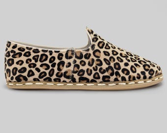 Men's Leather Slip-On Loafers - Wide Toe, Leopard Print Suede