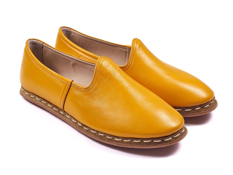36 EU Mustard Yellow Color Leather Sanah Loafer Flat Slip Ons Casual Slippers Leather Flat Shoes