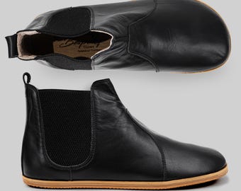 Women Black Barefoot Boots, Leather Chelsea Minimalist Shoes, Wide Toe Box, Gift