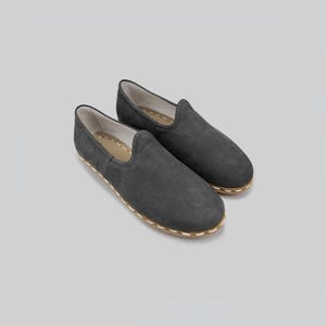 Men Grey Nubuck Yemeni Shoes, Handmade Comfortable Loafer with Zero Drop, Turkish Traditional Genuine Swear Shoes, Bespoky