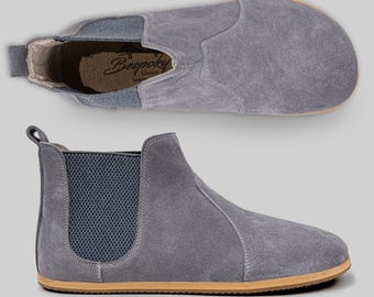 Women Gray Suede Barefoot Boots, Leather Chelsea Minimalist Shoes, Wide Toe Box, Gift