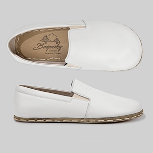 White Women Barefoot Shoes, Leather Sole Slip-on, Handmade Custom Made Wider Loafers, Wide toe Box Sneakers