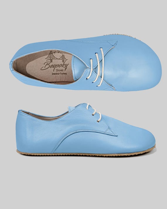 Women Blue Smooth Handmade Oxford Barefoot Shoes, Zero Drop, Slip