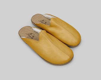 Dark Tan Leather Slippers for Women: Mother's Day Gift, Wide Toe