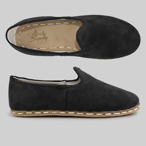 Christmas Gift MEN Suede BLACK Yemeni Shoes, Handmade Comfortable Loafer with Zero Drop, Turkish Traditional Genuine  Slip ons