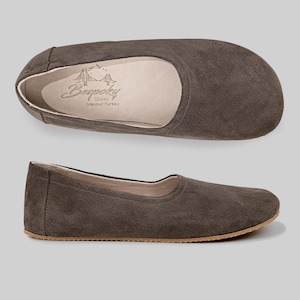 Ręcznie robione brązowe zamszowe mokasyny, płaskie baletki Barefoot Zero Drop skórzane baleriny, buty Barefoot damskie, minimalistyczne buty