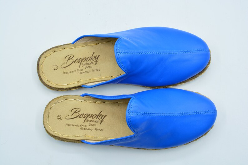 Leather Handmade Slipper Unisex Blue Color Leather Handmade Slipper Gift For Women Gift For Men
