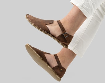 Tan Leather Grounding Sandals: Earthing Wide Toe Wellness