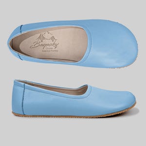 Ręcznie robione skórzane mokasyny, płaskie baletki Barefoot Zero Drop Leather Ballerinas, buty Barefoot damskie, buty minimalistyczne | BABY BLUE